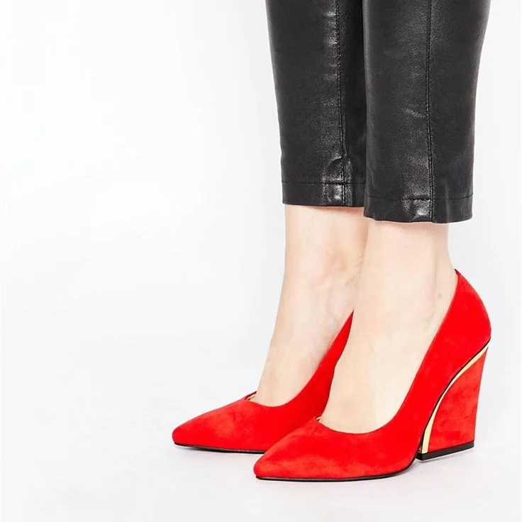 Women's 4 Inch Heels Red Vegan Suede Pointy Toe Chunky Heels Pumps by FSJ |FSJ Shoes