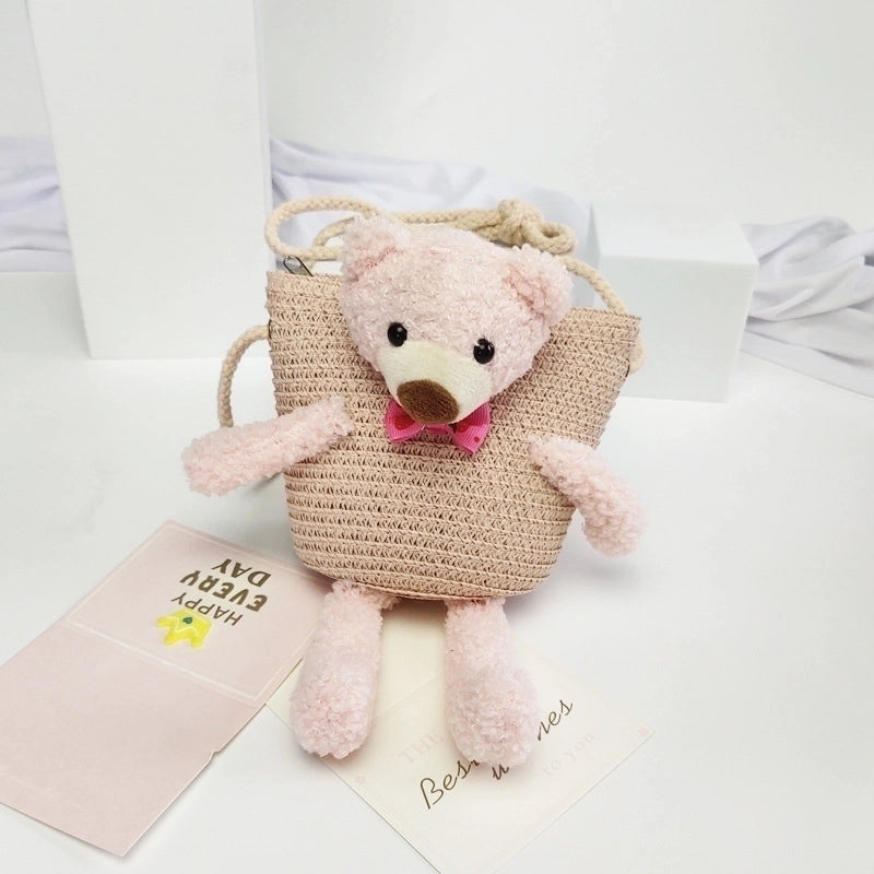 Kid’s Straw Animal Bear Cute Square Zipper Crossbody Bag Straw Bag Coin Purse