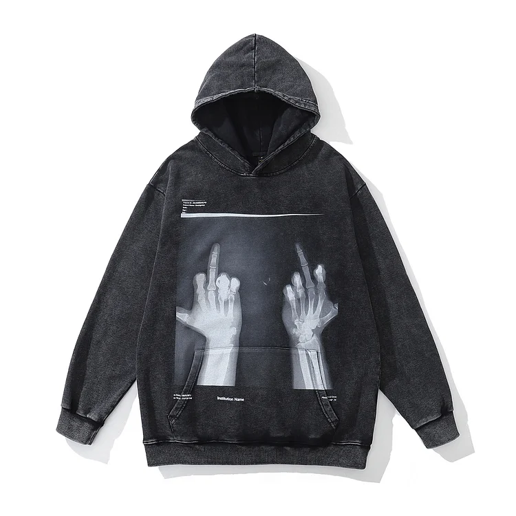 Vintage Skeleton Hands Printed Washed Hip Hop Black Cotton Hoodie at Hiphopee