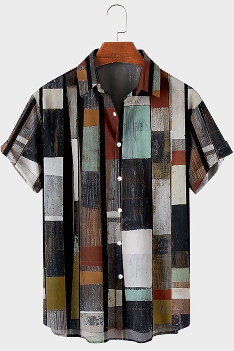 Tiboyz Fashion Retro Color Block Short Sleeve Shirt