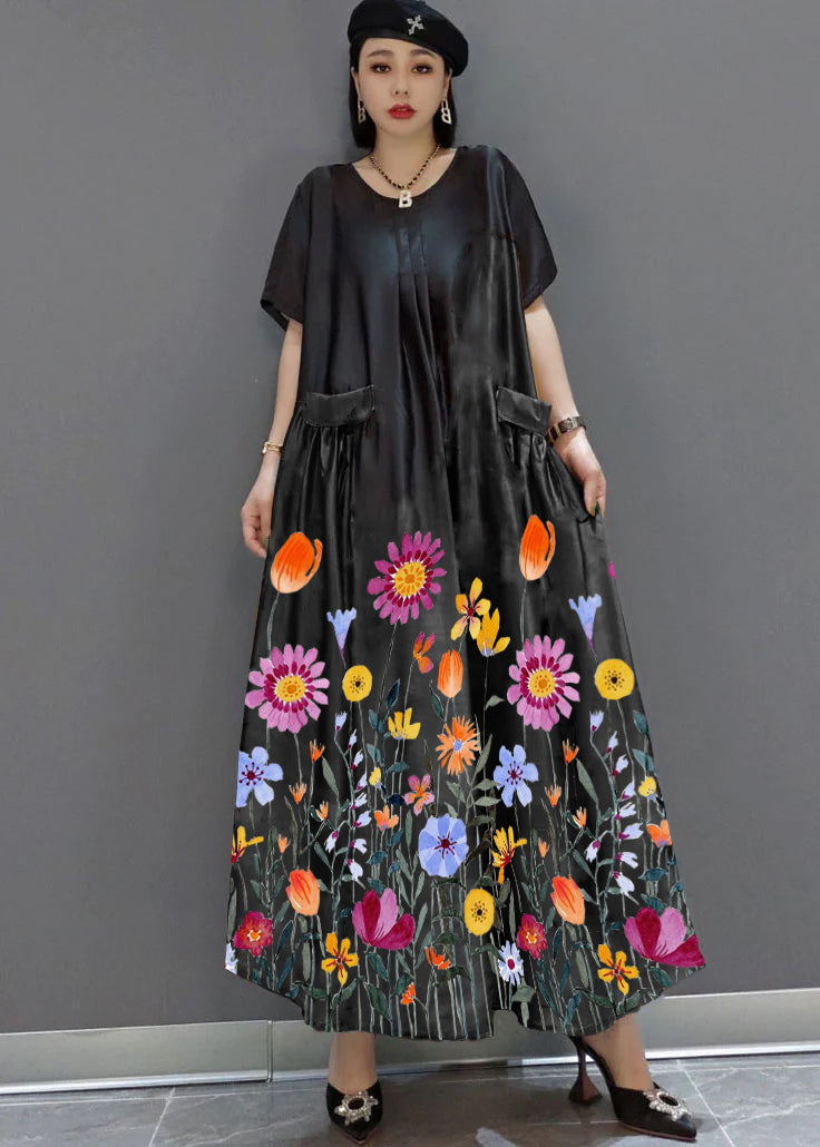 VCSHOES loose black-hem flower O-Neck Print Satin Maxi Dress Summer