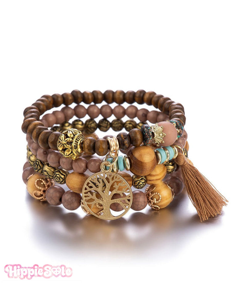Ethnic Multi Layered Wooden Beads Stretch String Bracelet Brown / Onesize