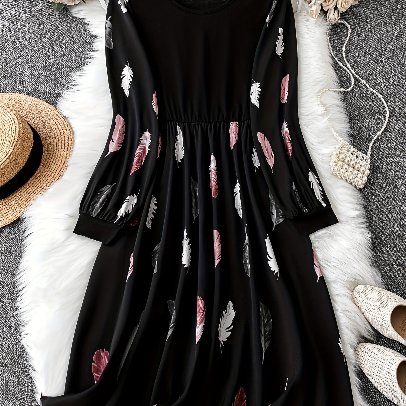 Plus Size Casual Dress, Women's Plus Colorblock Feather Print Long Sleeve Round Neck Dress