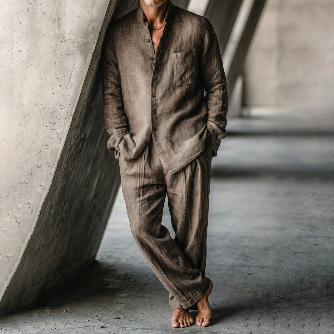 Comstylish Linen Simple Stand Collar Shirt And Trousers Casual Set
