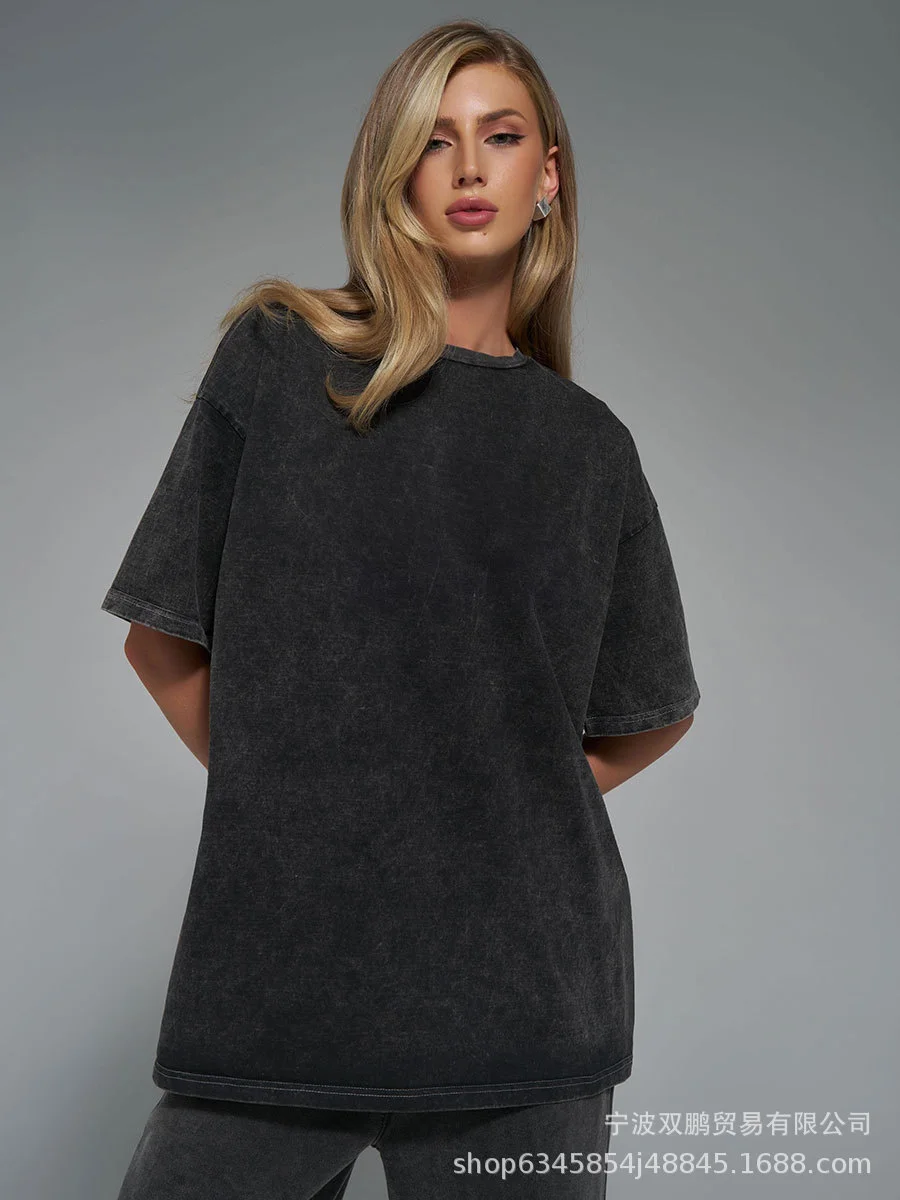 Athvotar Athvotar Simple Wind Loose Water Wash Old Cotton T-Shirt Women Summer Color Loose 260G Cotton Short-Sleeved Top Woman