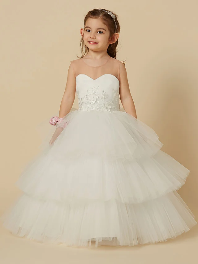 Bellasprom Sleeveless Illusion Neck Ball Gown Floor Length Flower Girl Dress Satin Tulle With Buttons