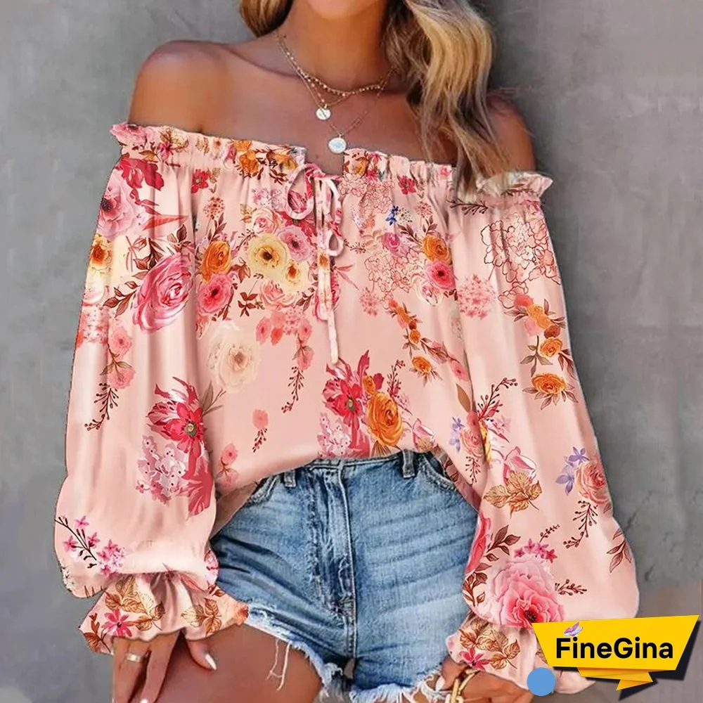Women Casual Loose Off Shoulder Blouse Vintage Boho Print Blouses Ladies Sexy One Word Collar Lantern Sleeve Hollow Pullover Top