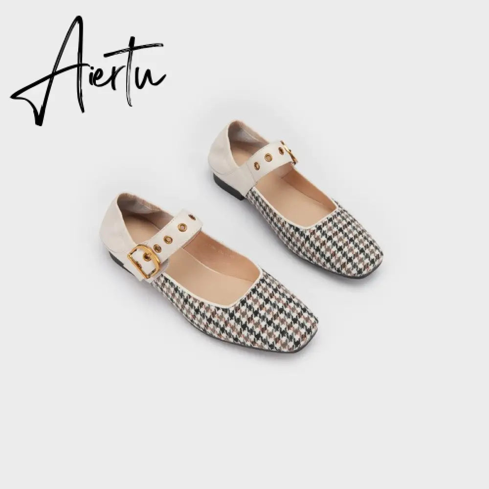 Aiertu Mary Jane Shoes New Spring Brand Women Pumps Low-heel Female Ladies Shoes Square Toe Buckle Mixed Color Retro Women Shoes Aiertu