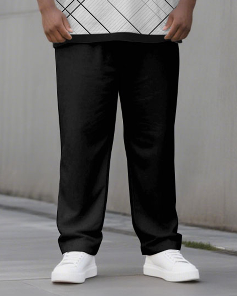 Big & Tall Men's Black And White Strip Geometric Printed POLO V-Neck Long Sleeve Pants Two-Piece Set