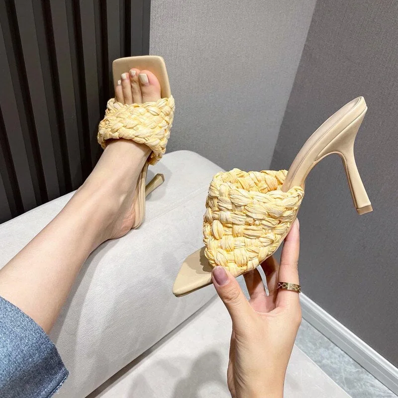 2021 New Candy colors Soft leather Women Slippers Fashion Square toe Weave Mules Sandals Summer Outside High heels Female Slides