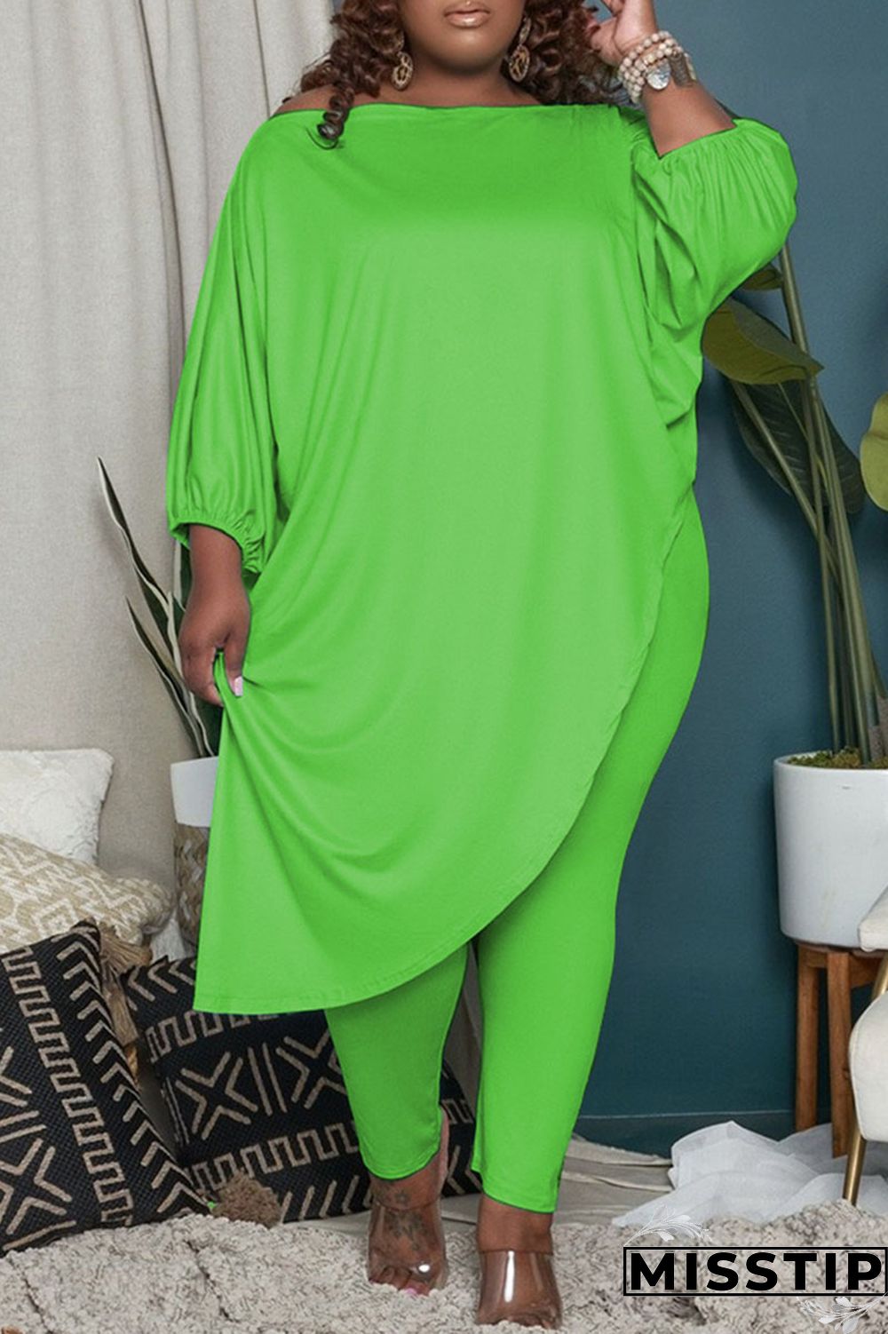 Green Fashion Casual Solid Asymmetrical Oblique Collar Plus Size Two Pieces