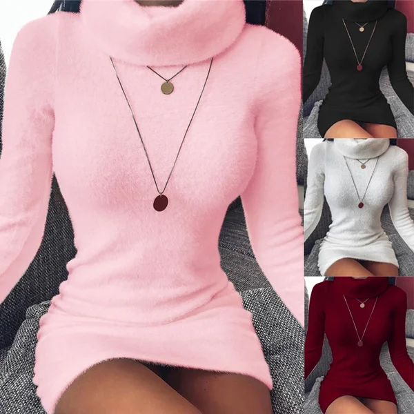 Fall/Winter Fashion Turtleneck High Collor Dresses Solid Color Bodycon Mini Casual Pullover Dresses