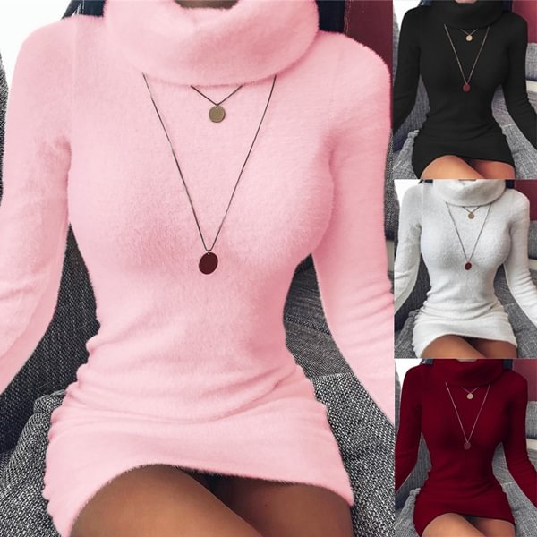 Fall/Winter Fashion Turtleneck High Collor Dresses Solid Color Bodycon Mini Casual Pullover Dresses - BlackFridayBuys