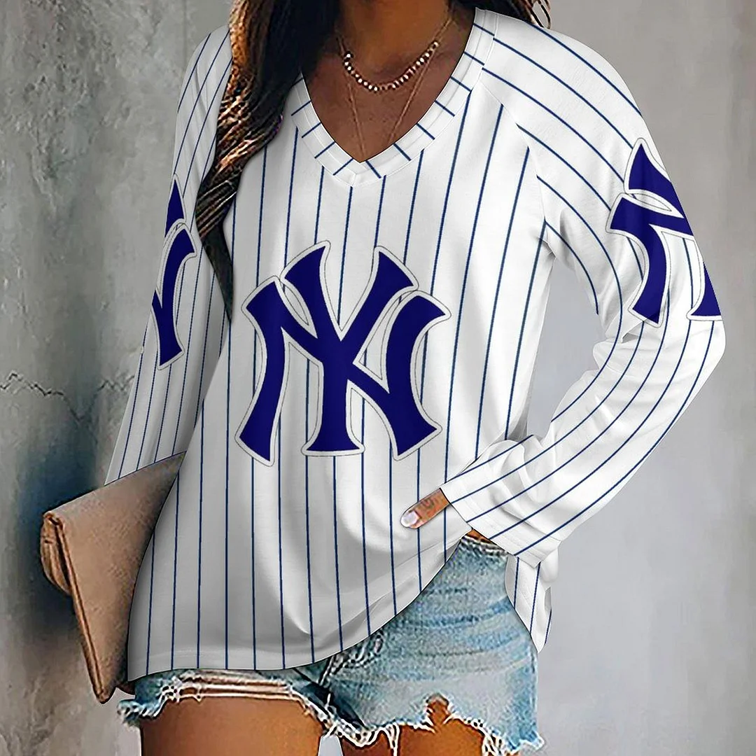 V-neck Long Sleeve Casual T-shirt for  Women and Men Printed with Pattern Striped, Blue, Red