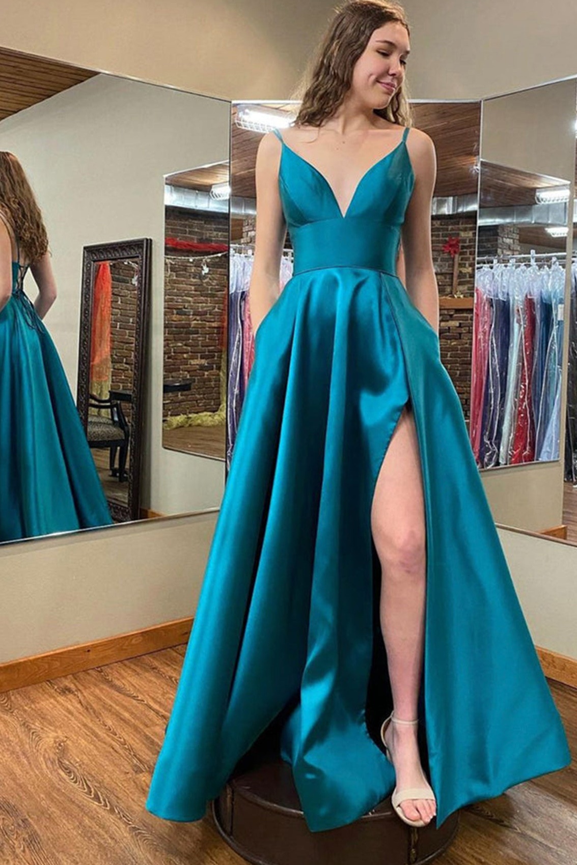 Ovlias Dazzling Blue Spaghetti Strap Split Satin Ribbon-tied Prom Dress LY0469