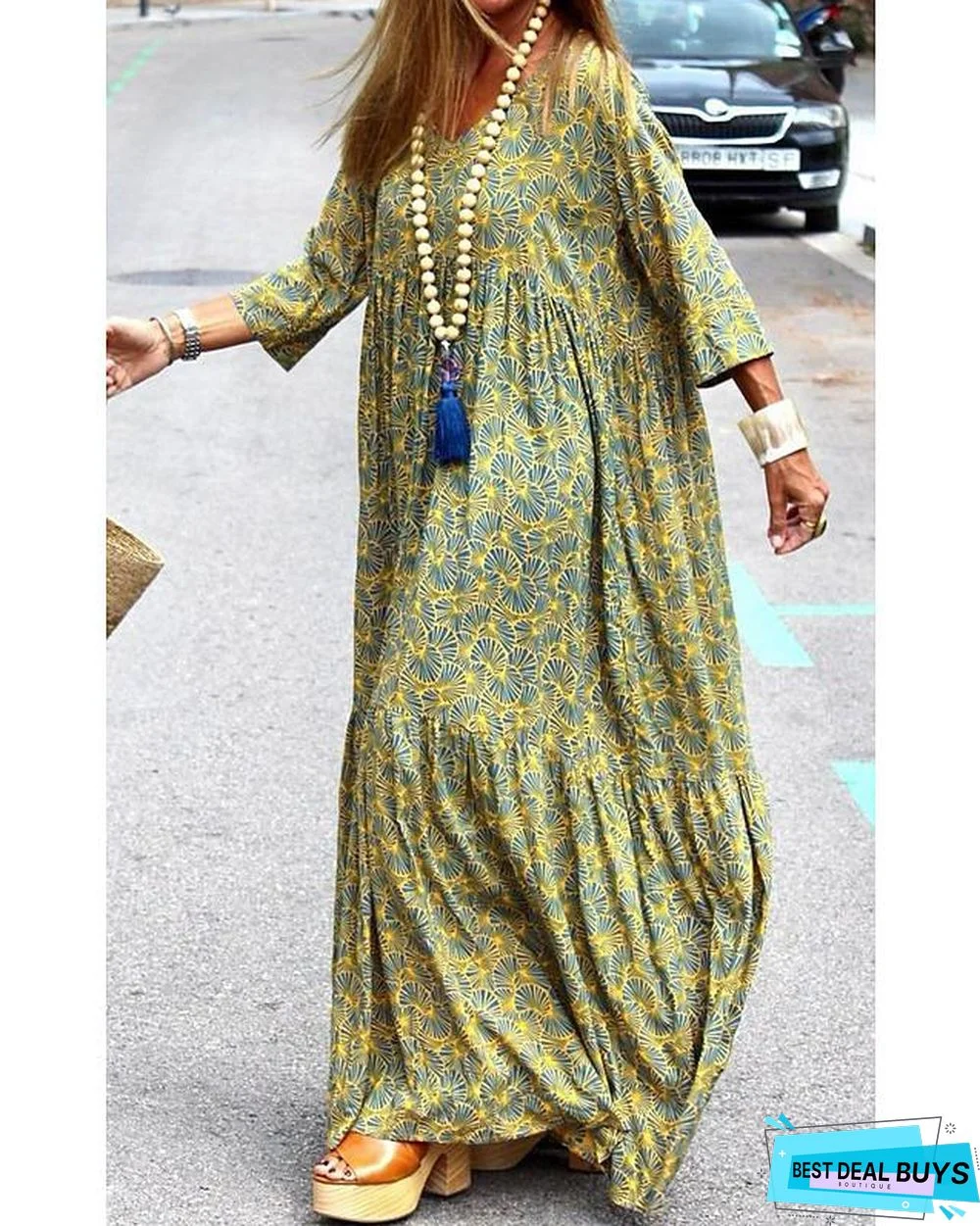Women's Swing Dress Maxi Long Dress 3/4 Length Sleeve Print Summer Casual Green