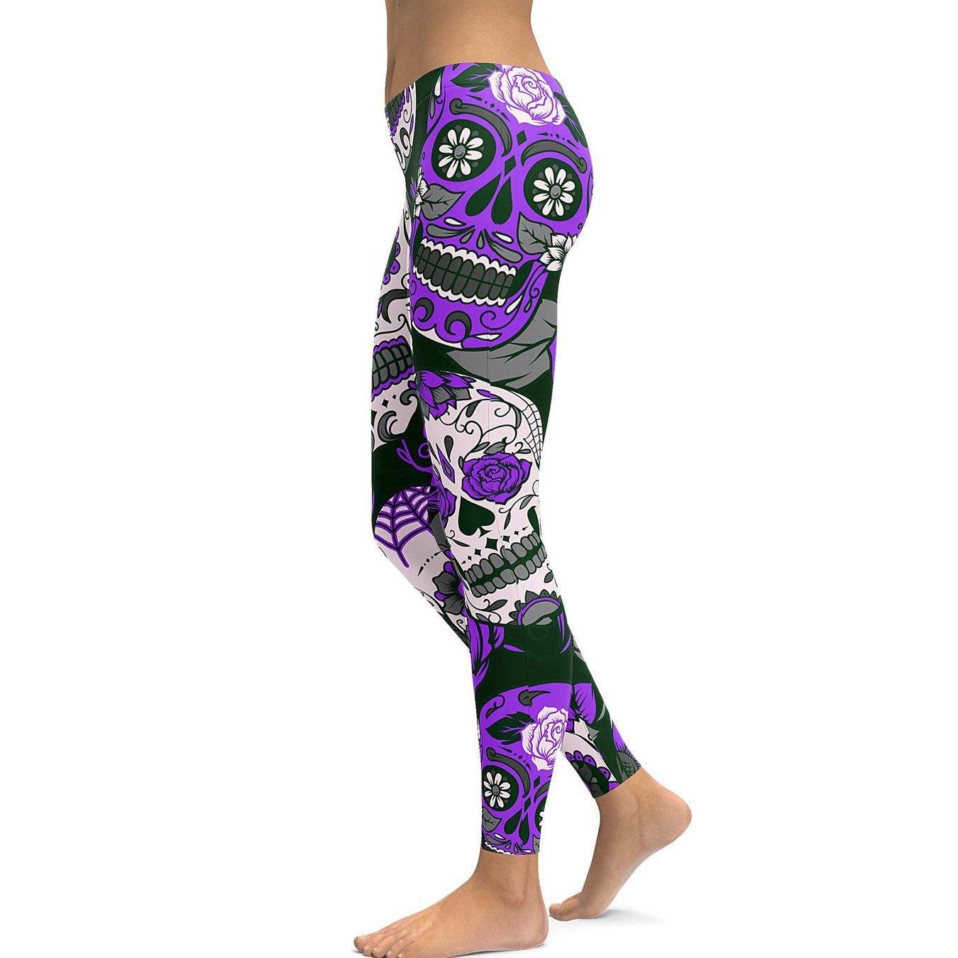  thdmladies Purple Halloween Floral Printed Skull Leggings thedmladies