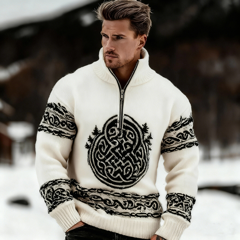 Men's Retro Viking Celtic Knot Pattern Half-neck Sweater elevenforest