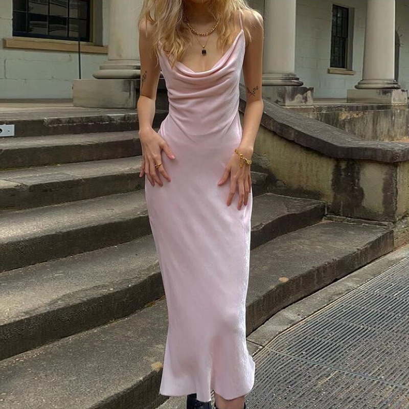  Pink Y2K Dress Up Party Spaghetti Strap Sexy Split Out Solid Straight Sliver Summer Dress Female Elegant Pajamas 2025 New