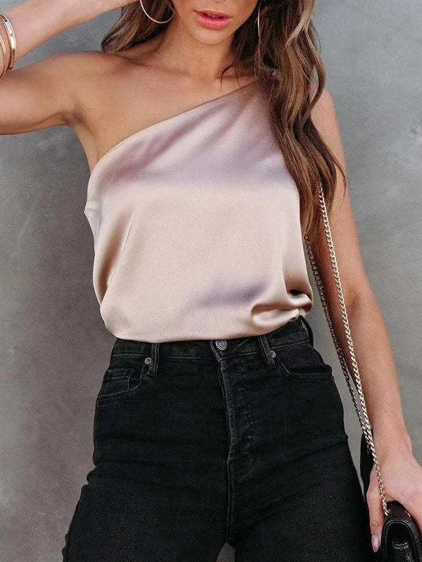 Solid Color Asymmetric Sleeveless Loose One-Shoulder Vest Top