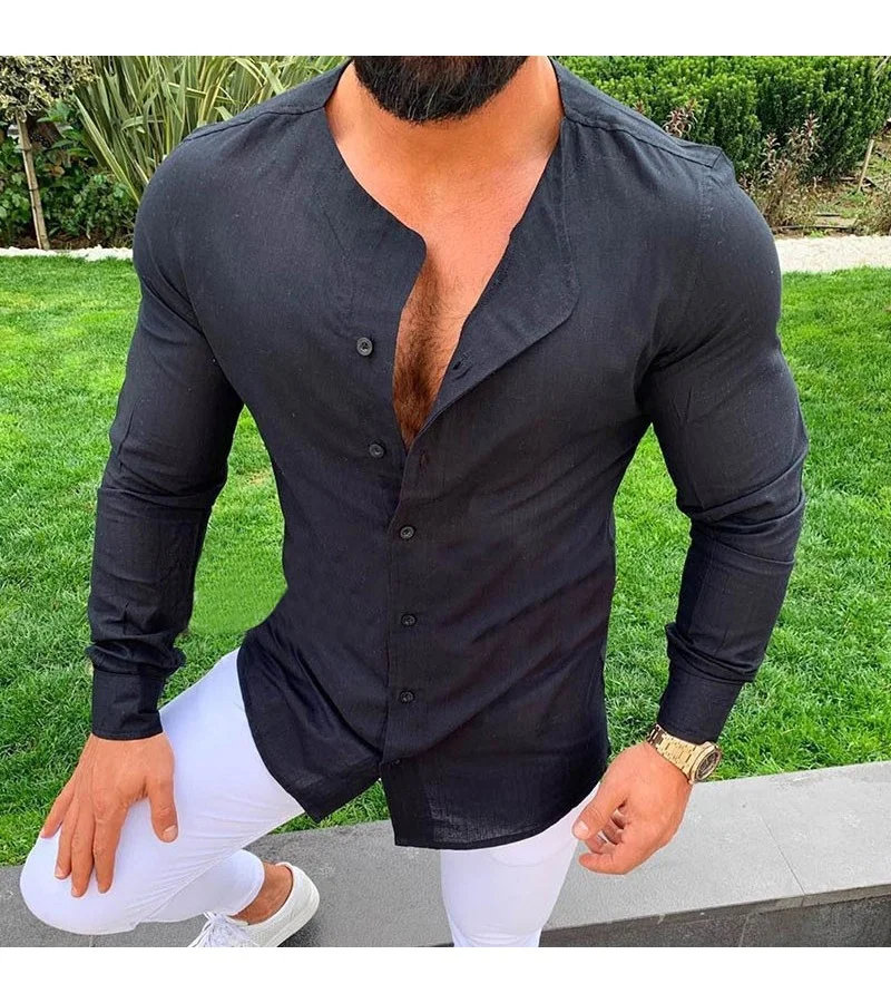 Men Round Neck Slim Buttoned Long Sleeve Shirt M-3XL