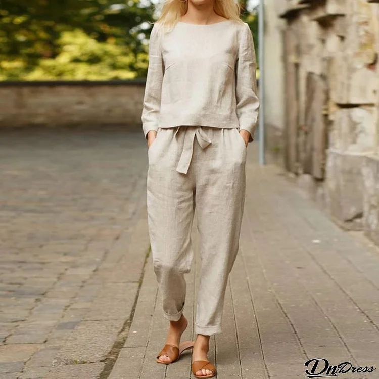 Round Neck Top and Drawstring Pants Two-piece Set