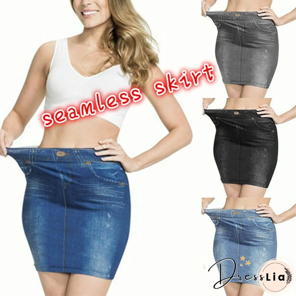 Women Fashion Print Seamless Skirt Faux Denim Jean Skirts Short Slim High Waist Elastic Mini Dress Plus Size