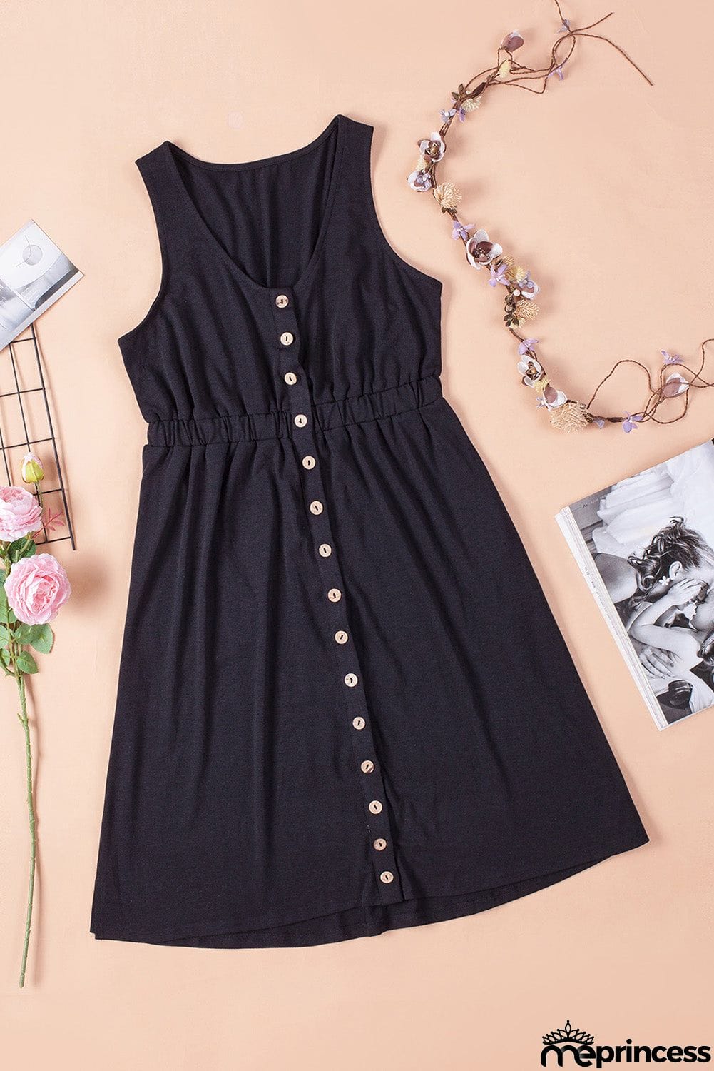 Buttons Sleeveless High Waist Mini Dress