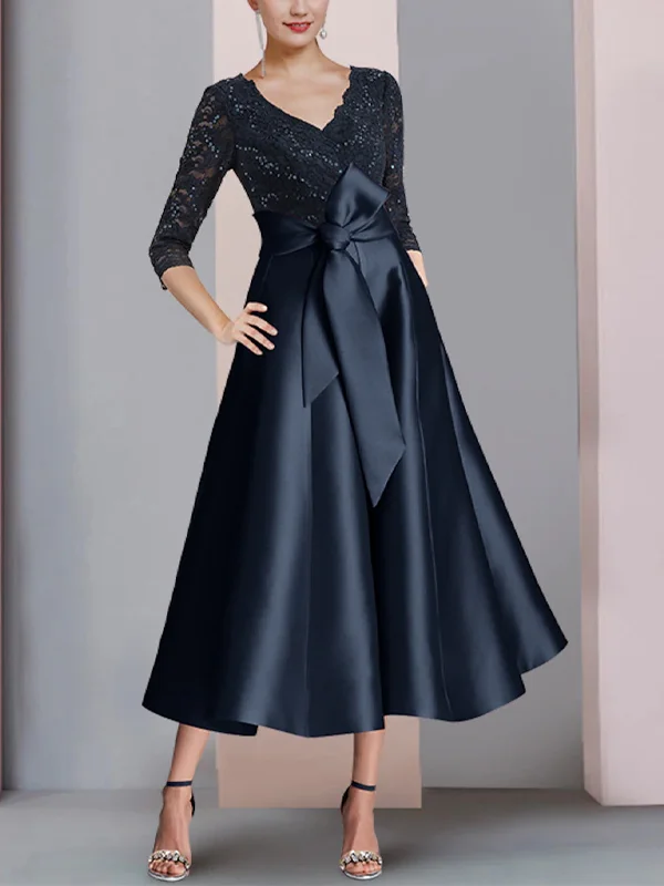 V-Neck Lace Solid Color Midi Dress