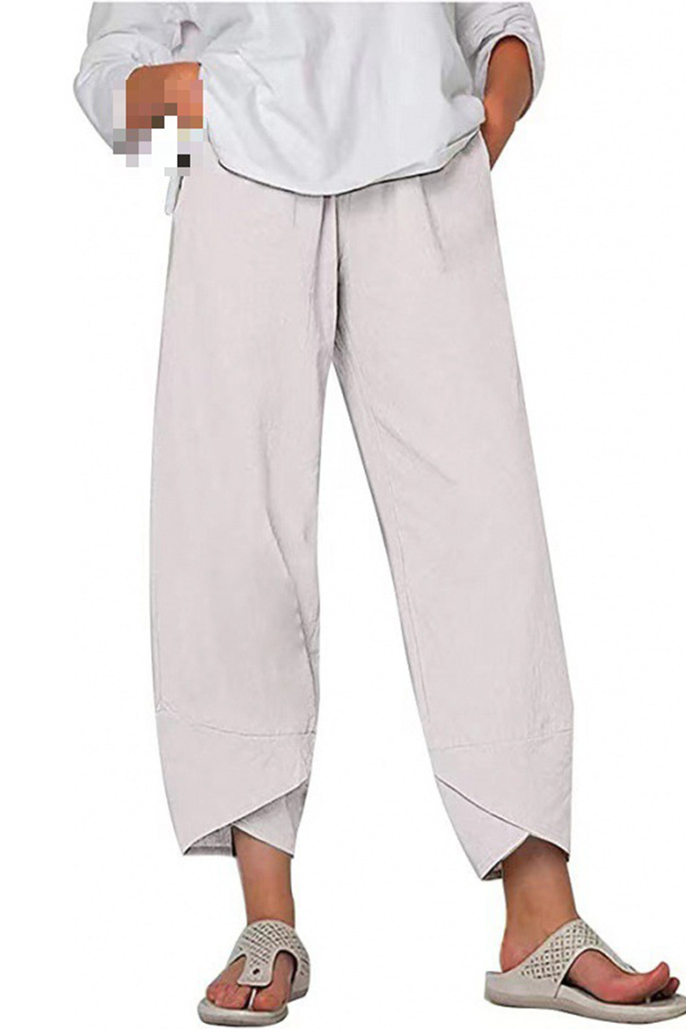 Plus Size Casual Black Cotton And Linen High Rise Crossover Hem Wide Leg Pants 2024 - Flycurvy 