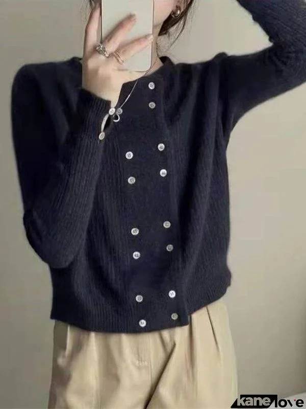 Urban Long Sleeves Buttoned Solid Color Round-Neck Cardigan Tops