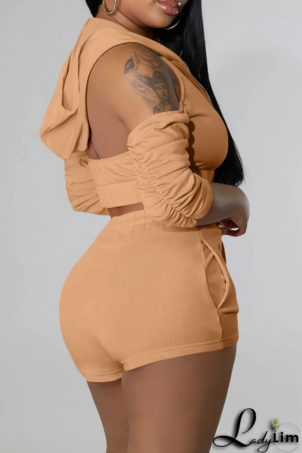 Black Sexy Print Patchwork Hooded Collar Three Quarter Two Pieces