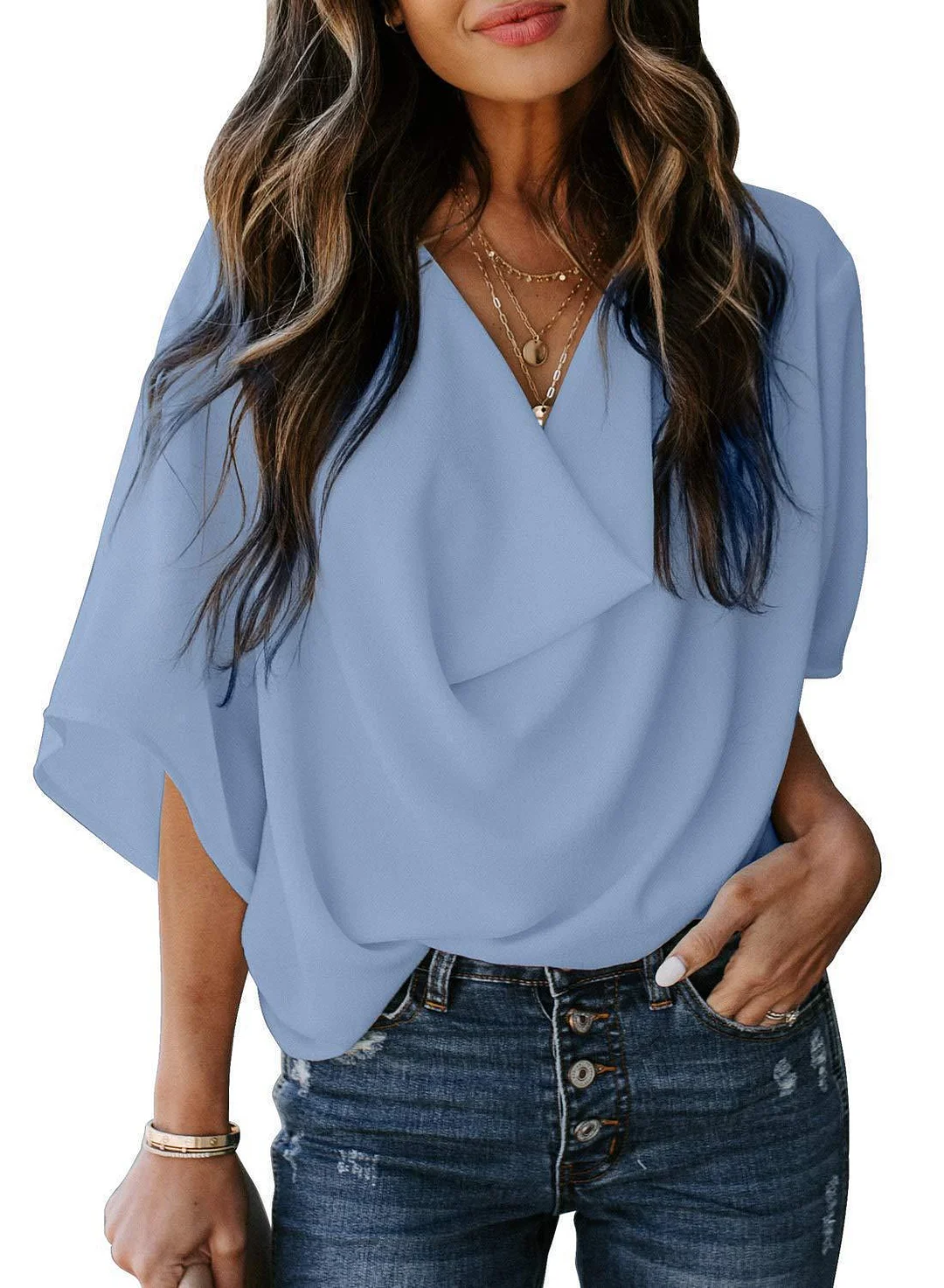 Uveng Summer V-neck Loose Half Sleeve Blouses