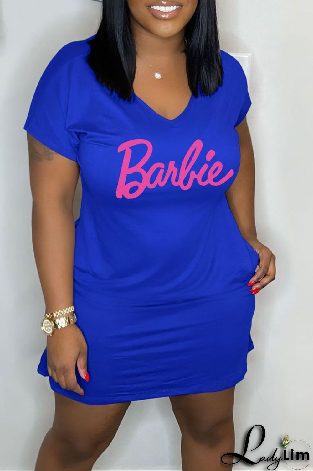 Pink Casual Print Patchwork V Neck Straight Dresses