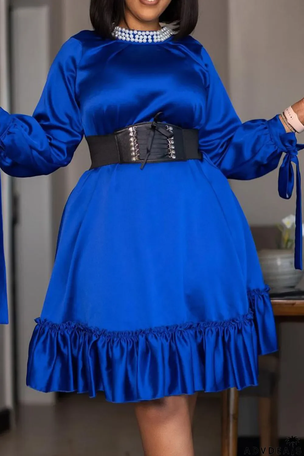 Rose Red Casual Elegant Solid Bandage Patchwork Flounce Beading With Belt O Neck A Line Dresses