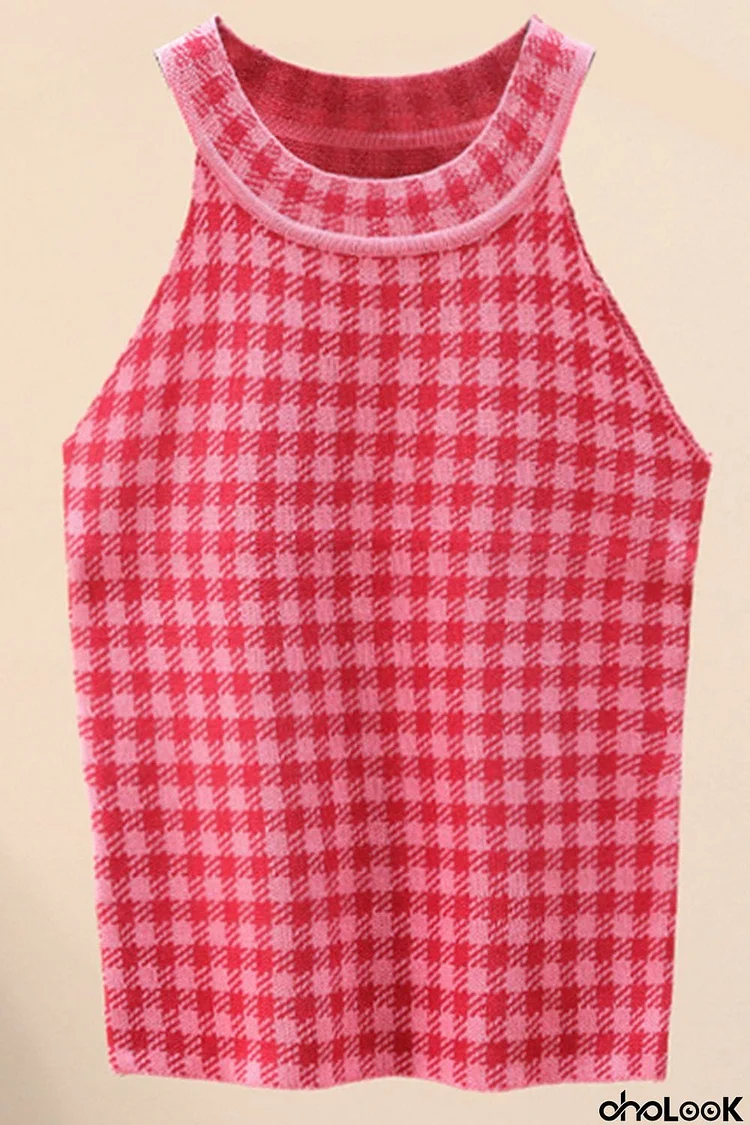 Plaid Round Neck Sleeveless Knit Top