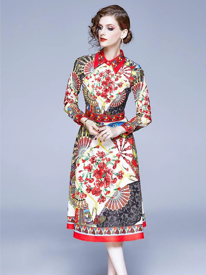 Lapel printed long-sleeved A-line dres
