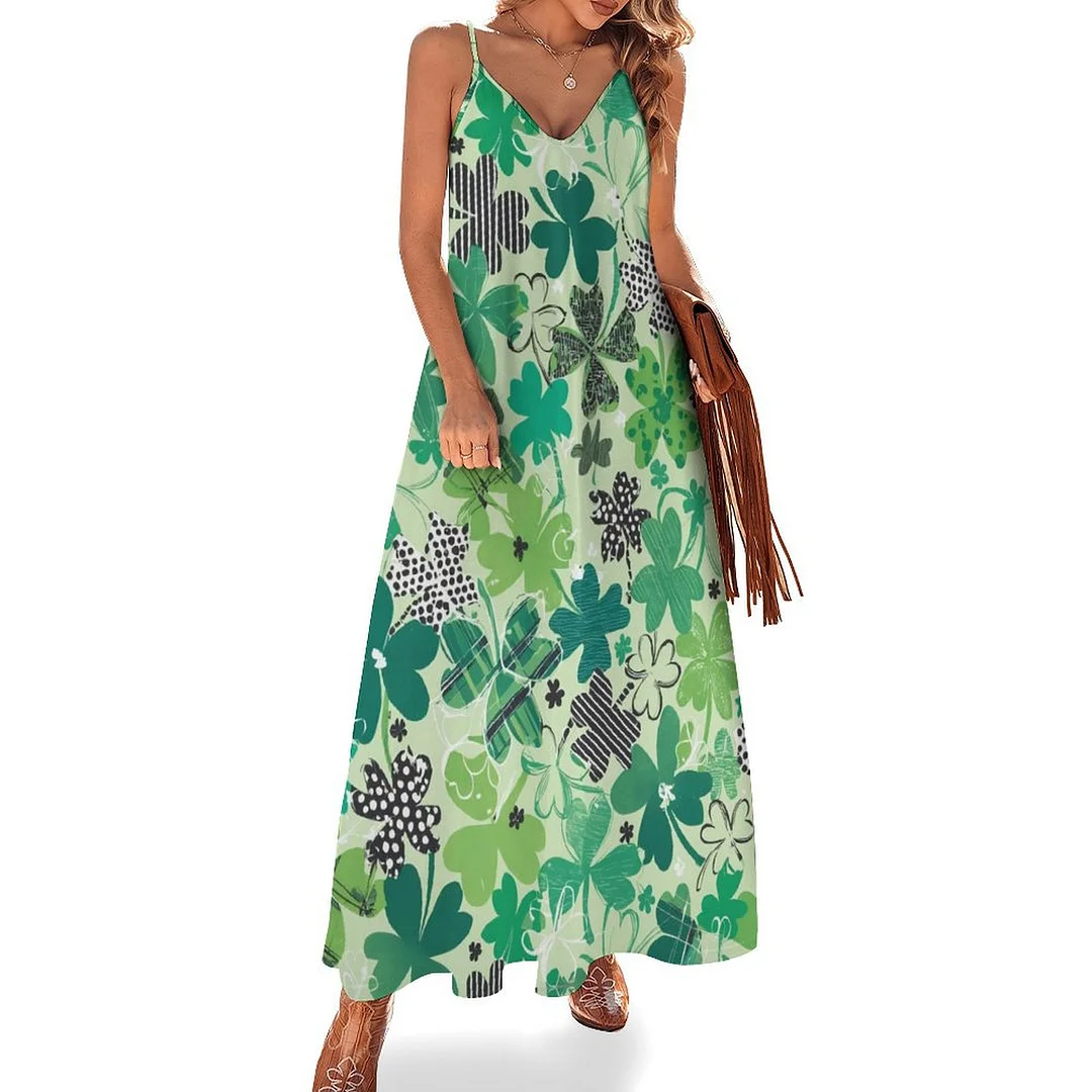 Style & Comfort for Mature Women Plus Size Printed Sling Casual Women Maxi Dress in Pattern St. Patrick's Day, Green, Clover, Lucky