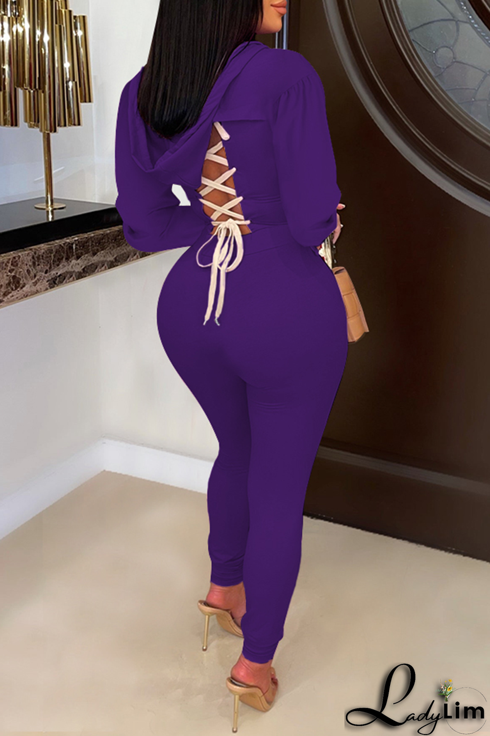 Black Casual Solid Draw String O Neck Long Sleeve Two Pieces