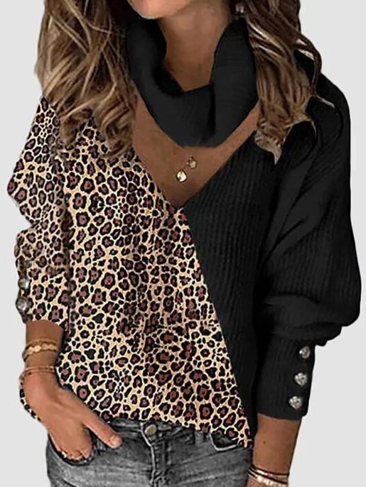 Women Long Sleeve Turtle Neck Graphic Leopard Printed Top