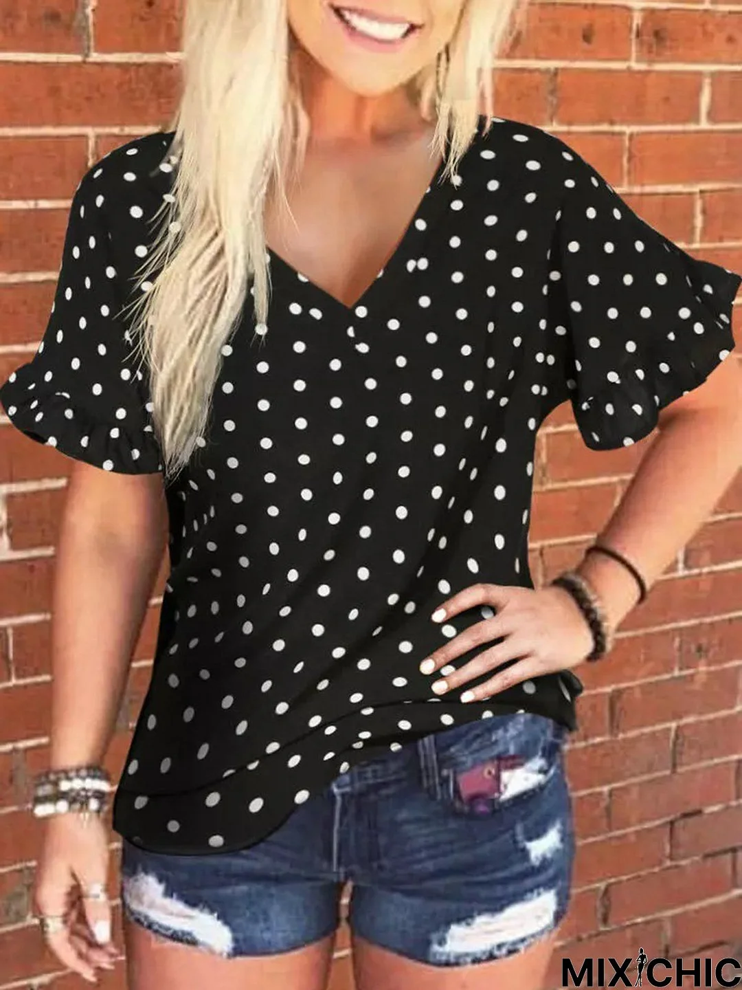 Black Casual Polka Dots Printed V Neck Short Sleeve Shift T-shirt