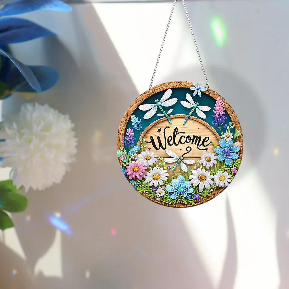 5D DIY Acrylic Special Shape Welcome Flower Dragonfly Diamond Painting Hanging Ornaments