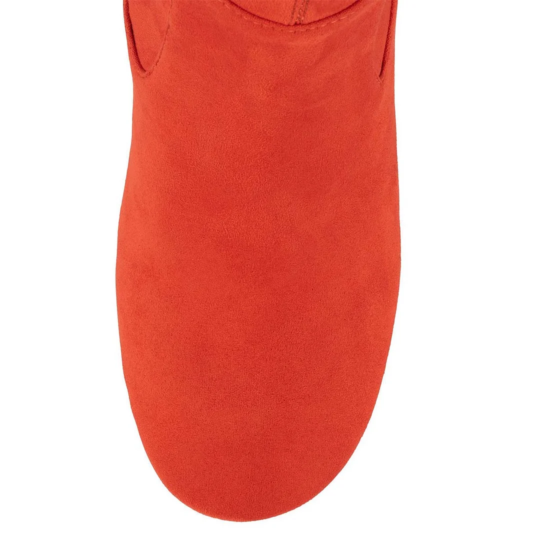 Vegan Suede Chunky Heel Round Toe Zipper Knee High Boots in Orange