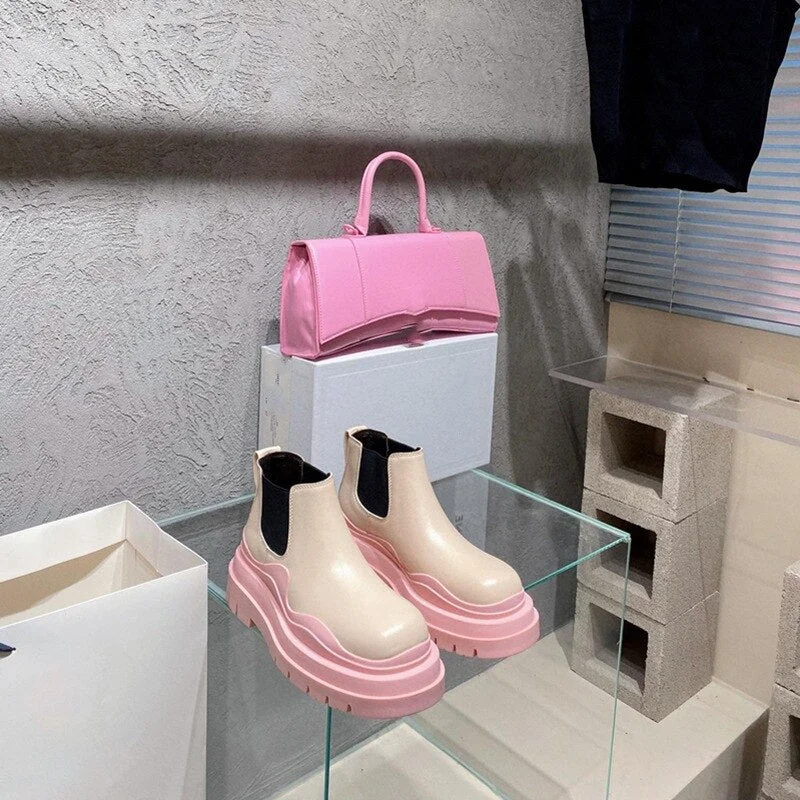 Fall Women's Platform Boots 2022 Thick Bottom Color Avocado Green Martin Boots Casual Female Mid Chesil Boots Women Pink Boots