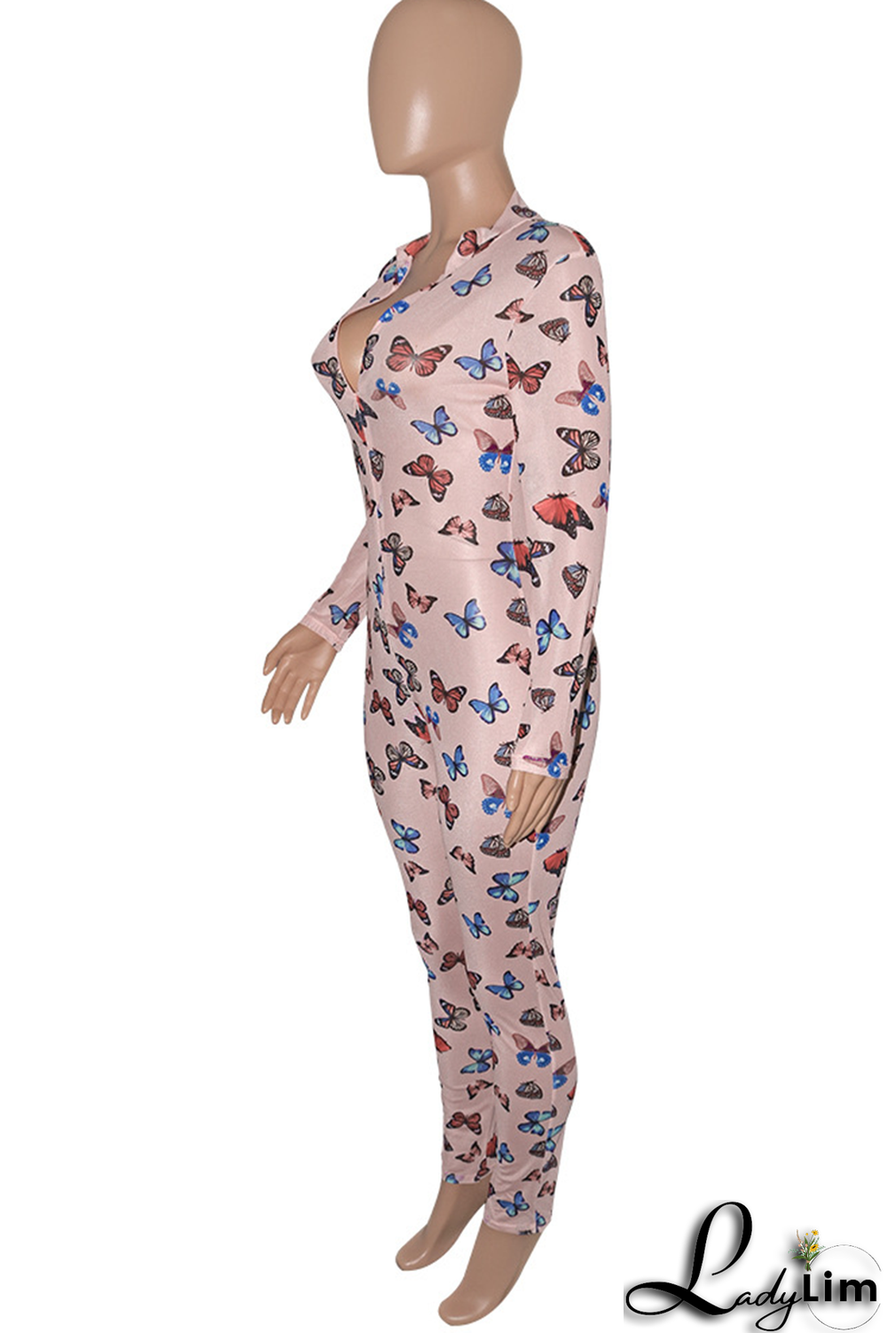 Rose Red Sexy Butterfly Print Patchwork Zipper Collar Skinny Jumpsuits