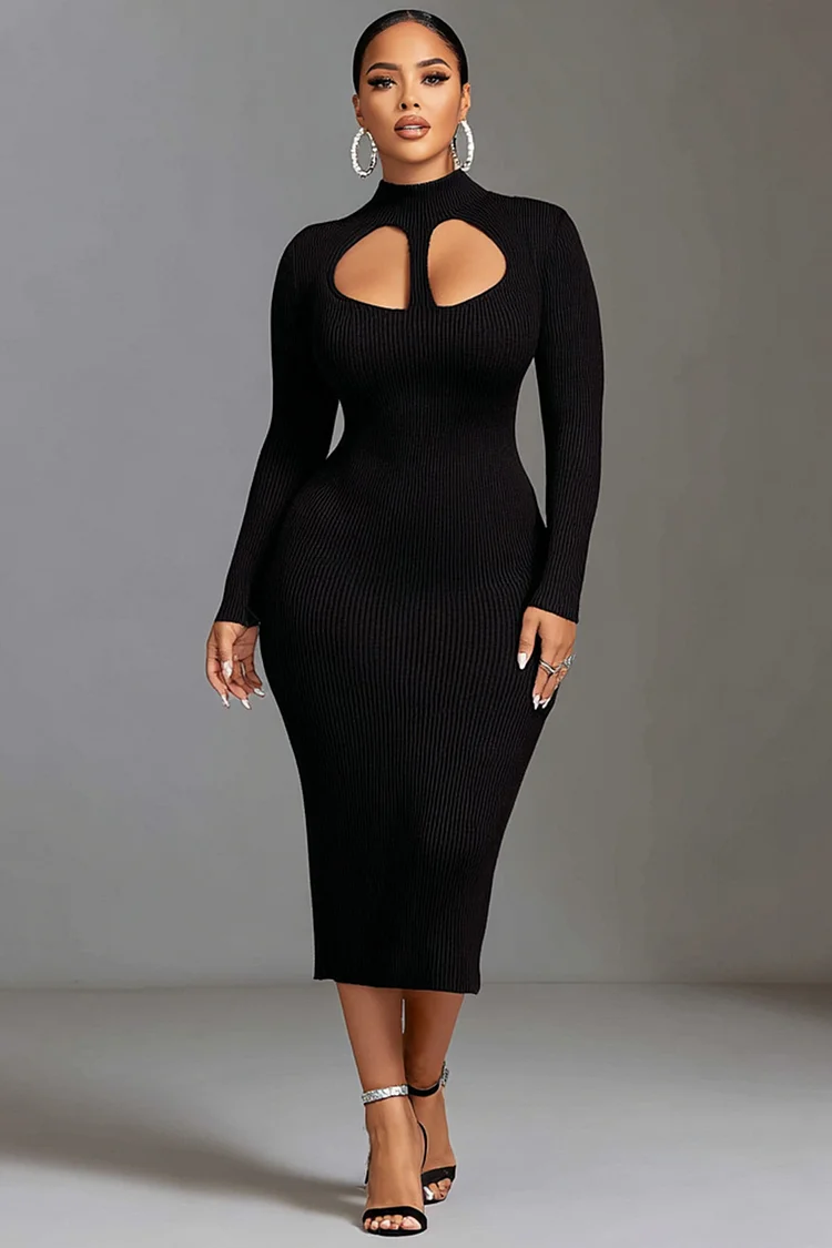 Xpluswear Design Plus Size Business Casual Black Mock Neck Long Sleeve Cut Out Casual Rib Knit Midi Dresses 2024 - Xpluswear