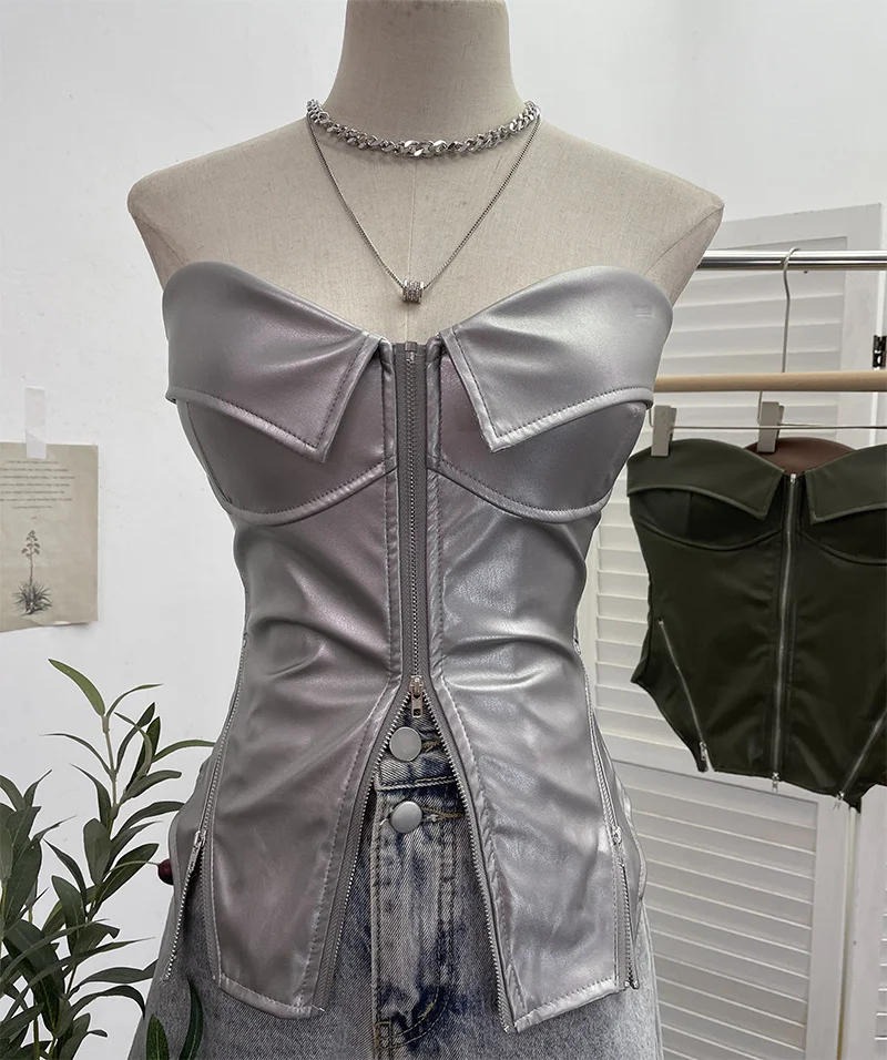 Uveng Real Shooting Hottie Retro Tender With Chest Pad Wrapped Bra Zipper Design Smear Bra Vest Short Sleeveless Top 8968