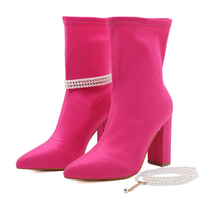 New Chic Purple Stretch Fabric Ankle Boots For Women Fashion String Bead Designer Shoes Pointed Toe Square High Heels Size 35-41