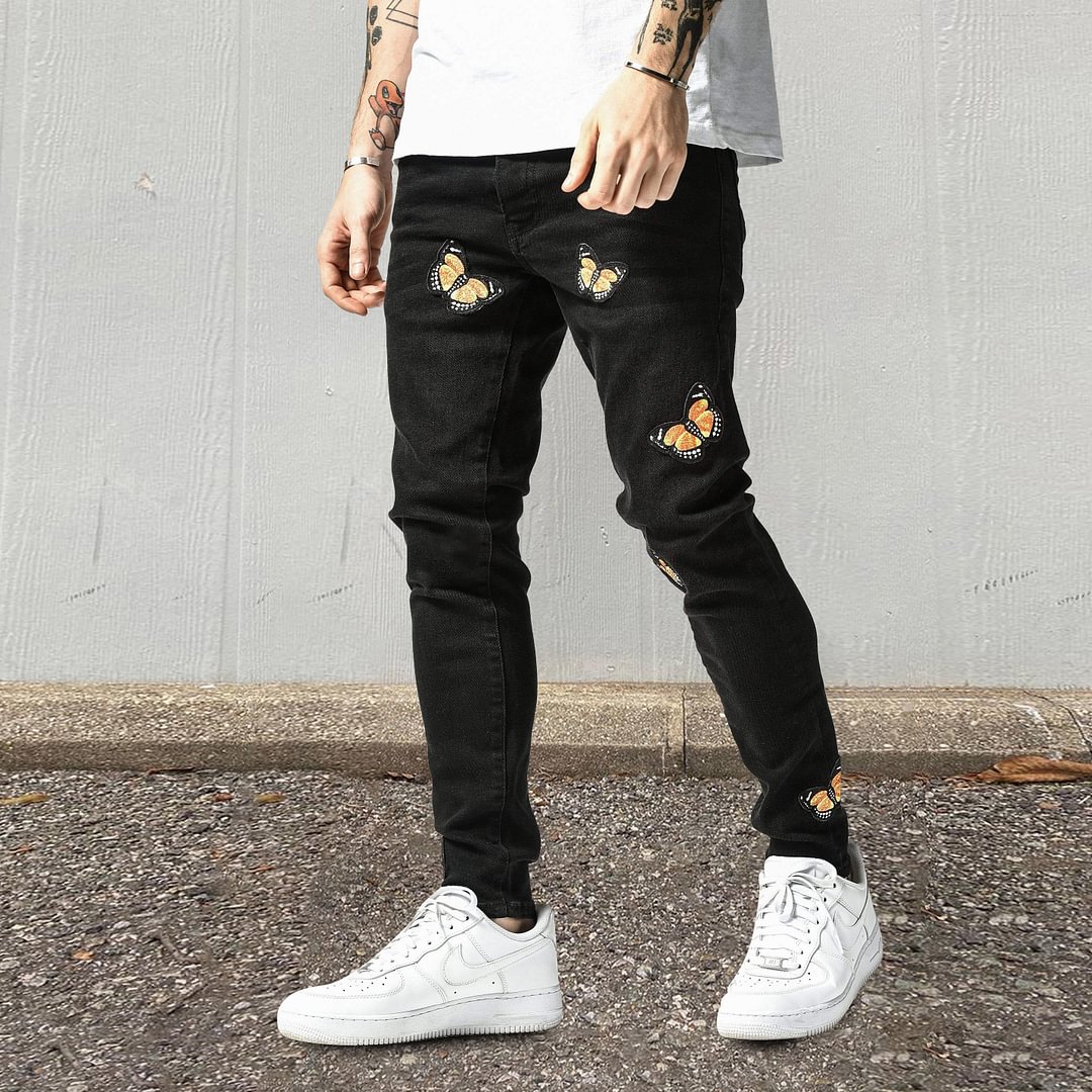 Butterfly pattern personalized street pencil pants jeans