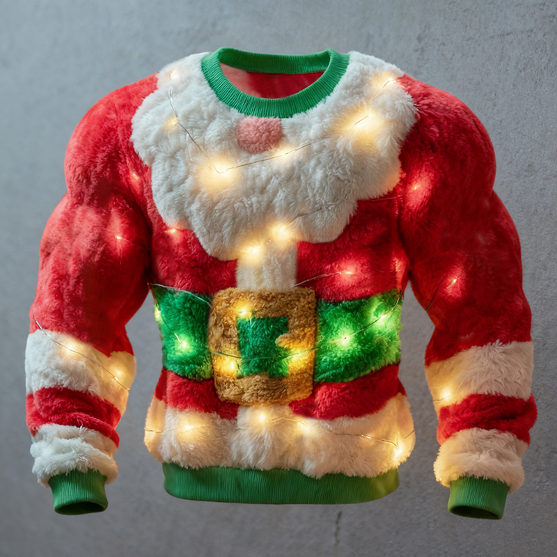 Men's Fun Christmas Santa Claus And Colorful Lights Color-blocked Crew Neck Plush Sweatshirt elevenforest